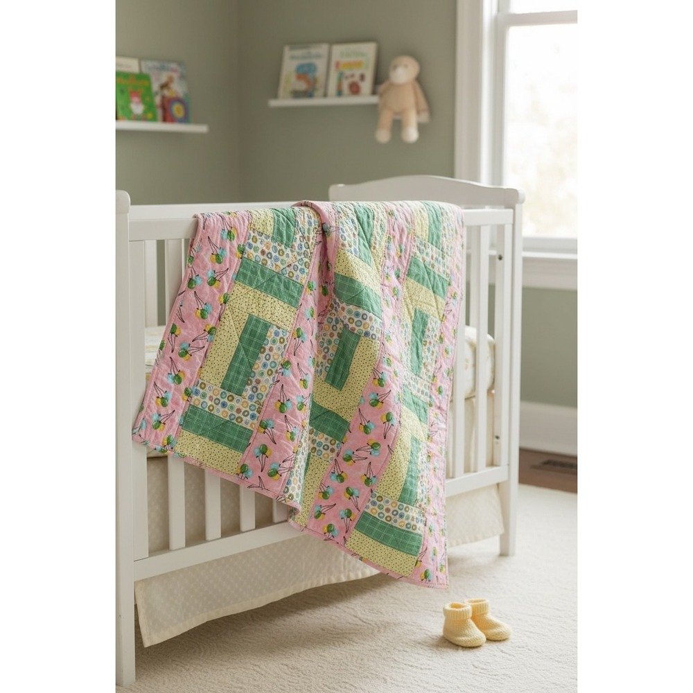 Vintage Patchwork Quilt 36x36‎ Pink Green Balloon Print Cottagecore
